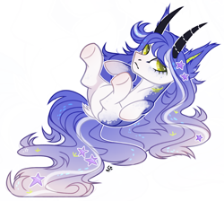 Size: 2300x2064 | Tagged: safe, artist:strangle12, imported from derpibooru, oc, oc only, pony, butt, ethereal mane, female, frown, horns, lying down, mare, on back, plot, simple background, solo, starry mane, underhoof, white background