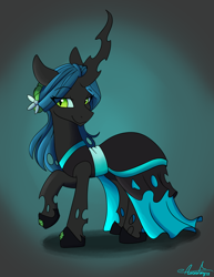 Size: 2550x3300 | Tagged: safe, artist:aurorafang, imported from derpibooru, queen chrysalis, changeling, changeling queen, beautiful, canterlot wedding 10th anniversary, clothes, dress, female, gradient background, hoof shoes, lidded eyes, smiling, solo, wedding dress