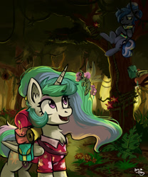 Size: 1280x1536 | Tagged: safe, artist:amy-gamy, imported from derpibooru, princess celestia, princess luna, alicorn, breezie, between dark and dawn, clothes, cute, female, hawaiian shirt, jungle, ponytail, shirt, siblings, sisters, tree branch