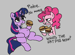 Size: 696x509 | Tagged: safe, artist:myra, pinkie pie, twilight sparkle, earth pony, pony, unicorn, aggie.io, angry, belly, bully, bullying, burger, fat, female, food, frown, hay burger, mare, open mouth, plate, simple background, sitting, sweat, unicorn twilight