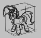 Size: 141x132 | Tagged: safe, artist:firecracker, lyra heartstrings, pony, unicorn, aggie.io, box, female, lowres, mare, monochrome, simple background