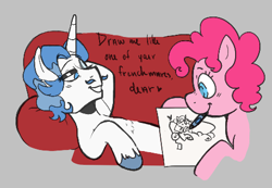 Size: 472x326 | Tagged: safe, fancypants, pinkie pie, earth pony, pony, unicorn, aggie.io, couch, drawing, female, lowres, lying down, male, mare, mouth hold, pencil, simple background, smiling, stallion, titanic