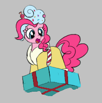 Size: 207x209 | Tagged: safe, artist:algoatall, pinkie pie, spirit of hearth's warming presents, earth pony, pony, aggie.io, clothes, female, hat, lowres, mare, open mouth, present, simple background, smiling