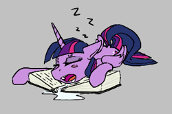 Size: 313x208 | Tagged: safe, twilight sparkle, alicorn, pony, aggie.io, book, drool, eyes closed, female, lowres, lying down, mare, open mouth, simple background, sleeping