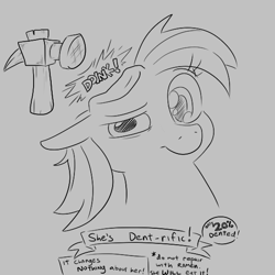 Size: 556x557 | Tagged: safe, artist:pony quarantine, rainbow dash, pony, advertisement, aggie.io, dent, female, hammer, mare, monochrome, simple background, smiling