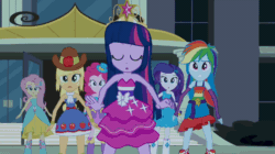 Size: 600x336 | Tagged: safe, imported from derpibooru, screencap, applejack, fluttershy, pinkie pie, rainbow dash, rarity, twilight sparkle, equestria girls, equestria girls (movie), animated, bare shoulders, belt, big crown thingy, boots, canterlot high, clothes, cowboy hat, cutie mark, cutie mark on clothes, element of magic, eyes closed, fall formal outfits, female, fingerless gloves, gif, gloves, hat, jewelry, mane six, open mouth, regalia, shoes, sleeveless, strapless