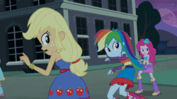 Size: 600x336 | Tagged: safe, imported from derpibooru, screencap, applejack, fluttershy, pinkie pie, rainbow dash, rarity, snails, snips, twilight sparkle, equestria girls, equestria girls (movie), animated, bare shoulders, belt, boots, bracelet, canterlot high, clothes, cowboy boots, cutie mark, cutie mark on clothes, fall formal outfits, female, fingerless gloves, gif, gloves, hairpin, jewelry, male, mane six, night, open mouth, shoes, sleeveless, strapless, twilight ball dress