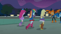 Size: 600x336 | Tagged: safe, imported from derpibooru, screencap, applejack, fluttershy, pinkie pie, rainbow dash, rarity, snails, snips, twilight sparkle, equestria girls, equestria girls (movie), animated, bare shoulders, boots, bracelet, clothes, cowboy boots, fall formal outfits, female, fingerless gloves, gif, gloves, hairpin, jewelry, male, mane six, night, shoes, sleeveless, strapless, twilight ball dress