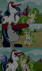 Size: 1280x2160 | Tagged: safe, edit, edited screencap, editor:jerryakiraclassics19, imported from twibooru, screencap, chickadee, ms. peachbottom, shining armor, earth pony, pony, unicorn, games ponies play, '90s, cap, female, hat, image, male, mare, png, stallion, whistle