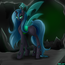 Size: 2009x2000 | Tagged: safe, artist:kirasunnight, imported from derpibooru, queen chrysalis, changeling, changeling queen, antagonist, canterlot wedding 10th anniversary, female, grin, high res, insect wings, looking at you, signature, smiling, smiling at you, solo, spread wings, wings