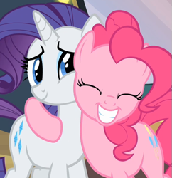 Size: 577x596 | Tagged: safe, imported from derpibooru, screencap, pinkie pie, rarity, earth pony, pony, unicorn, hearth's warming eve (episode), season 2, cropped, cute, diapinkes, duo, eyes closed, female, hug, mare, raribetes, smiling
