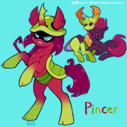 Size: 2048x2048 | Tagged: safe, artist:3ggmilky, imported from derpibooru, tempest shadow, thorax, oc, changedling, changeling, changepony, hybrid, pony, unicorn, blue background, cloven hooves, female, interspecies offspring, king thorax, male, offspring, parent:tempest shadow, parent:thorax, parents:temprax, shipping, simple background, straight, temprax