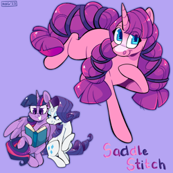 Size: 2048x2048 | Tagged: safe, artist:3ggmilky, imported from derpibooru, rarity, twilight sparkle, oc, oc:saddle stitch, alicorn, pony, unicorn, blank flank, book, female, lesbian, magical lesbian spawn, offspring, parent:rarity, parent:twilight sparkle, parents:rarilight, purple background, rarilight, shipping, simple background, twilight sparkle (alicorn)