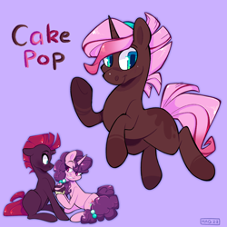 Size: 2048x2048 | Tagged: safe, artist:3ggmilky, imported from derpibooru, sugar belle, tempest shadow, oc, oc:cake pop, pony, unicorn, female, lesbian, magical lesbian spawn, offspring, parent:sugar belle, parent:tempest shadow, parents:sugarshadow, purple background, shipping, simple background, sugarshadow