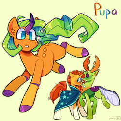 Size: 2048x2048 | Tagged: safe, artist:3ggmilky, imported from derpibooru, sunburst, thorax, oc, oc:pupa, changedling, changeling, changepony, hybrid, pony, unicorn, blushing, gay, high res, interspecies offspring, king thorax, magical gay spawn, male, offspring, parent:sunburst, parent:thorax, parents:thoraxburst, shipping, simple background, thoraxburst, yellow background