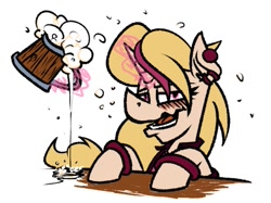 Size: 1085x812 | Tagged: safe, artist:cowsrtasty, imported from derpibooru, oc, oc:melody bash, pony, alcohol, blushing, drunk, levitation, magic, solo, spilling, tankard, telekinesis