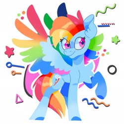 Size: 2048x2048 | Tagged: safe, artist:pastacrylic, imported from derpibooru, rainbow dash, pegasus, pony, alternate hairstyle, chest fluff, colored wings, multicolored wings, rainbow wings, raised hoof, simple background, solo, white background, wings