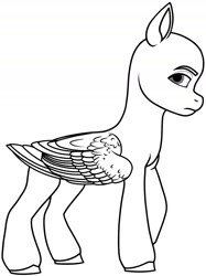 Size: 1208x1613 | Tagged: safe, artist:dancingkinfiend, imported from derpibooru, oc, pegasus, pony, base, black and white, caption, folded wings, free to use, g5, grayscale, image macro, lineart, monochrome, my little pony: a new generation, simple background, solo, white background, wings