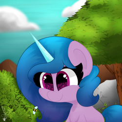 Size: 2000x2000 | Tagged: safe, artist:daftramms, imported from derpibooru, izzy moonbow, bee, insect, pony, unicorn, cloud, cute, g5, izzybetes, smiling, solo, tree