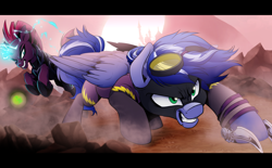 Size: 4000x2480 | Tagged: safe, artist:dormin-dim, imported from derpibooru, tempest shadow, oc, oc:lightning flare, pegasus, unicorn, clothes, costume, goggles, hoof blades, impending doom, shadowbolts costume, this will not end well