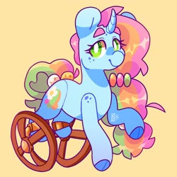 Size: 2500x2500 | Tagged: safe, artist:cocopudu, imported from derpibooru, oc, oc only, oc:sherbet, pony, unicorn, amputee, cloven hooves, female, freckles, mare, smiling, solo, wheel