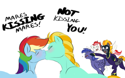 Size: 1913x1197 | Tagged: safe, artist:testostepone, imported from derpibooru, lightning dust, rainbow dash, oc, oc:blaze (shadowbolt), oc:lightning flare, oc:swift apex, pegasus, pony, blushing, clothes, costume, female, flare abuse, kiss on the lips, kissing, lesbian, lesbian in front of boys, male, mare, rainbowdust, shadowbolts costume, shipping, simple background, stallion, text, tooth, violence, white background