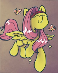 Size: 1029x1291 | Tagged: safe, artist:twiliset, imported from derpibooru, fluttershy, butterfly, pegasus, pony, beam, cute, flying, happy, looking at you, smiling, smiling at you, solo, spread wings, wings