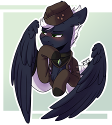 Size: 1795x2002 | Tagged: safe, artist:ak4neh, imported from derpibooru, oc, oc:avery, pegasus, blushing, clothes, hat, military pony, military uniform, oc name needed, spread wings, torn ear, uniform, wings