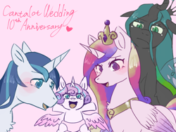 Size: 2048x1536 | Tagged: safe, artist:metaruscarlet, imported from derpibooru, princess cadance, princess flurry heart, queen chrysalis, shining armor, alicorn, changeling, changeling queen, pony, unicorn, baby, baby pony, canterlot wedding 10th anniversary, female, male, mare, pink background, simple background, stallion