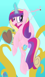 Size: 1920x3250 | Tagged: safe, artist:notadeliciouspotato, imported from derpibooru, princess cadance, alicorn, pony, abstract background, canterlot wedding 10th anniversary, chocolate, female, food, levitation, magic, mare, open mouth, open smile, smiling, solo, talking to viewer, telekinesis