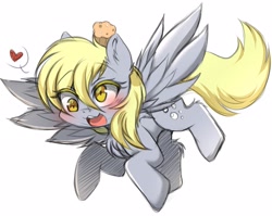 Size: 2048x1630 | Tagged: safe, artist:papilrux, imported from derpibooru, derpy hooves, pegasus, pony, blushing, cute, derp, derpabetes, female, flying, food, heart, mare, muffin, open mouth, pictogram, simple background, solo, speech bubble, white background