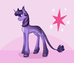 Size: 1043x892 | Tagged: safe, artist:arforzan, imported from derpibooru, twilight sparkle, classical unicorn, pony, unicorn, cloven hooves, cutie mark background, female, leonine tail, mare, redesign, signature, solo, unicorn twilight, unshorn fetlocks