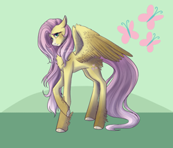 Size: 1042x892 | Tagged: safe, artist:arforzan, imported from derpibooru, fluttershy, pegasus, pony, cutie mark background, female, mare, redesign, signature, solo