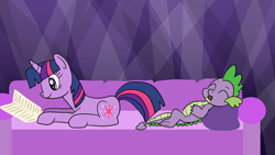 Size: 1920x1080 | Tagged: safe, artist:platinumdrop, imported from derpibooru, spike, twilight sparkle, dragon, unicorn, book, couch, reading, request, sleeping, snoring, unicorn twilight