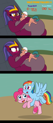 Size: 2360x5477 | Tagged: safe, artist:rupertbluefox, imported from derpibooru, pinkie pie, rainbow dash, somnambula, sphinx (character), earth pony, pegasus, pony, sphinx, series:miles&nilesofcat&fat, 3 panel comic, belly, belly bed, big belly, blushing, butt, comic, cute, desert, duo, duo female, egyptian, egyptian headdress, egyptian pony, eyeshadow, fat, fat fetish, female, fetish, flying, grin, holding a pony, hug, huge belly, impossibly large belly, incentive drive, lidded eyes, lying down, makeup, mare, missing accessory, obese, plot, prone, puffy cheeks, pyramid, shocked, shocked expression, smiling, somnambetes, sphinxdorable, teeth, this ended in weight gain, weight gain, weight gain sequence