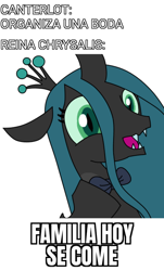 Size: 1200x1982 | Tagged: safe, artist:alejandrogmj, imported from derpibooru, queen chrysalis, changeling, changeling queen, bowtie, canterlot wedding 10th anniversary, fangs, female, happy, meme, simple background, spanish, white background