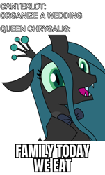 Size: 1200x1982 | Tagged: safe, artist:alejandrogmj, imported from derpibooru, queen chrysalis, changeling, changeling queen, bowtie, canterlot wedding 10th anniversary, cute, cutealis, fangs, female, happy, meme, simple background, white background