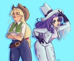 Size: 2155x1760 | Tagged: safe, artist:kavkanyan, imported from derpibooru, applejack, rarity, human, applejack's hat, belt, belt buckle, blue background, clothes, cowboy hat, cowgirl, cowgirl outfit, crossed arms, duo, ear piercing, earring, female, gloves, hat, humanized, jeans, jewelry, lipstick, makeup, pants, piercing, purple lipstick, signature, simple background, stetson, straw in mouth, western