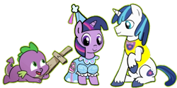 Size: 720x358 | Tagged: safe, artist:darlycatmake, artist:madmax, edit, imported from derpibooru, shining armor, spike, twilight sparkle, dragon, pony, unicorn, look before you sleep, adorable face, baby, baby dragon, baby spike, brother and sister, child, cute, female, foal, friendly, froufrou glittery lacy outfit, happy, having fun, kids, knight, looking at each other, looking at someone, male, nice, open mouth, playful, playing, playing dead, pretend, princess, princess costume, royal guard, shining adorable, sibling bonding, siblings, simple background, smiling, smiling at each other, spikabetes, sword, transparent background, twiabetes, unicorn twilight, weapon, younger