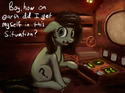 Size: 2541x1895 | Tagged: safe, artist:phutashi, imported from derpibooru, oc, oc only, oc:anon-mare, earth pony, pony, control panel, female, filly, floppy ears, horror, imminent death, iron lung, iron lung (game), mare, sitting, solo, submarine, talking to viewer, text, this will end in death, worried