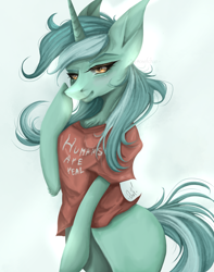 Size: 1680x2130 | Tagged: safe, artist:osefchan, imported from derpibooru, lyra heartstrings, pony, unicorn, bipedal, clothes, female, hoof on cheek, humie, lidded eyes, mare, redraw, shirt, signature, simple background, smiling, solo, t-shirt, that pony sure does love humans