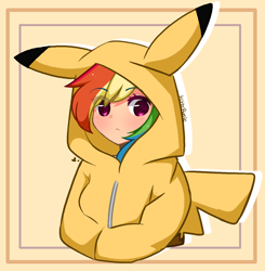 Size: 3512x3579 | Tagged: safe, artist:kittyrosie, imported from derpibooru, rainbow dash, human, pikachu, blushing, clothes, cosplay, costume, cute, dashabetes, hoodie, humanized, kigurumi, looking at you, pokémon, solo