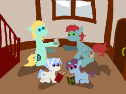 Size: 1281x960 | Tagged: safe, artist:minus, derpibooru exclusive, imported from derpibooru, oc, oc only, oc:boreal evening, oc:double down, oc:hush muzzle, oc:iglis melte, earth pony, pegasus, pony, unicorn, adopted offspring, book, colt, daybreak island, door, drugs, earth pony oc, female, foal, full background, group, horn, house, indoors, male, mare, marijuana, mother and child, mother and son, pegasus oc, pixel art, reading, shadow, sitting, stairs, starry eyes, tail, two toned mane, unicorn oc, window, wingding eyes