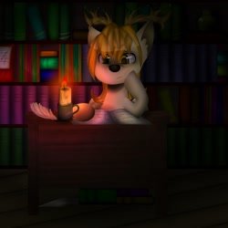 Size: 1000x1000 | Tagged: artist needed, safe, imported from derpibooru, oc, oc only, oc:king mirael, deer, book, bookshelf, boring, candle, feather, fire, library, light, night, reading, solo, table