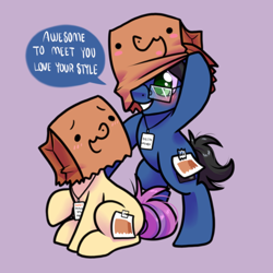 Size: 1000x1000 | Tagged: safe, artist:paperbagpony, imported from derpibooru, oc, oc:digital wrench, oc:paper bag, pony, bag, bipedal, commission, dialogue, fake cutie mark, glasses, paper bag, ych result