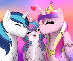 Size: 3000x2539 | Tagged: safe, artist:ponykittenboi, derpibooru exclusive, imported from derpibooru, princess cadance, princess flurry heart, shining armor, alicorn, pony, unicorn, blushing, canterlot wedding 10th anniversary, cheek kiss, cute, eyes closed, family, father and child, father and daughter, female, gradient background, heart, high res, kiss sandwich, kissing, male, mother and child, mother and daughter, older, older flurry heart, one eye closed, open mouth, open smile, smiling, trio