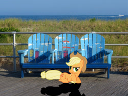 Size: 2048x1536 | Tagged: safe, artist:emper24, artist:mlplover94, imported from derpibooru, applejack, earth pony, pony, applejack's hat, atlantic city, bench, cowboy hat, female, freckles, hat, irl, looking at you, lying down, mare, new jersey, photo, ponies in real life, prone, raised hoof, shadow, smiling, solo, stetson