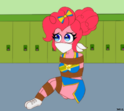 Size: 1210x1080 | Tagged: safe, artist:atmu, imported from derpibooru, pinkie pie, human, equestria girls, bondage, bound and gagged, cheerleader, cheerleader outfit, cloth gag, clothes, gag, lockers, rope, rope bondage, ropes, sad, scared, schrödinger's pantsu, solo, tied hair, tied up, worried