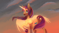 Size: 3840x2160 | Tagged: safe, artist:maybeweed, imported from derpibooru, sunny starscout, alicorn, pony, 4k, alicornified, artificial horn, artificial wings, augmented, featureless crotch, female, g5, high res, horn, magic, magic horn, magic wings, mare, my little pony: a new generation, race swap, solo, sunnycorn, wings