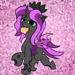 Size: 2000x2000 | Tagged: safe, artist:dafiltafish, imported from derpibooru, oc, oc only, oc:bug, changeling, abstract background, bread, crown, fangs, female, food, jewelry, purple changeling, regalia, solo